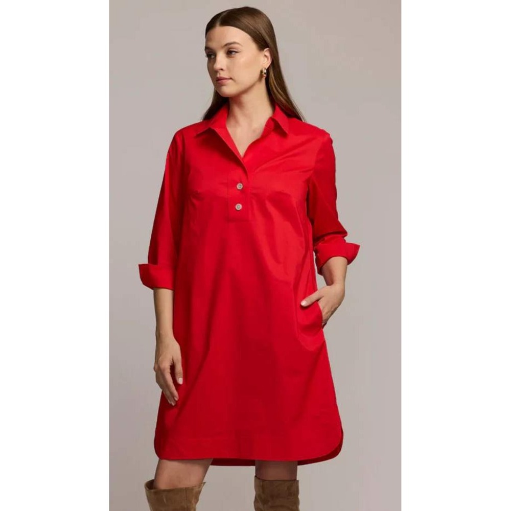 Hinson Wu Aileen Red Cotton Poplin Button Back Shirt Dress 3/4 Sleeve Pockets S